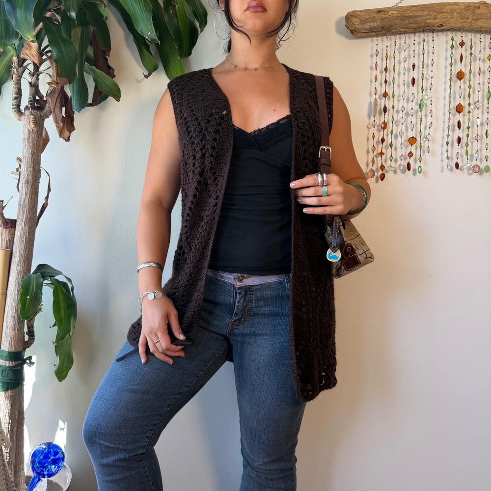 New York & Company Brown Crochet Knit Vest Open Front Boho Western L/XL